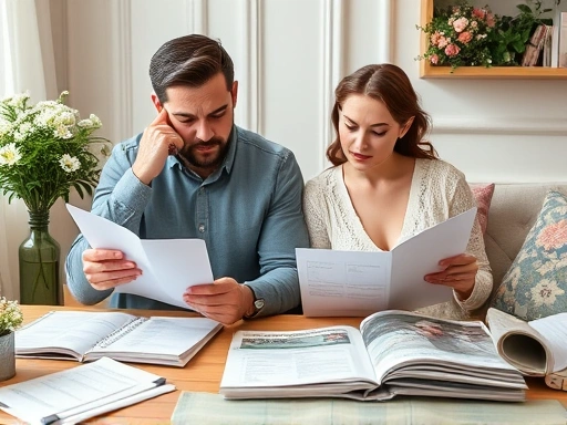 A stressed couple discussing wedding plans, surrounded by checklists and wedding magazines.