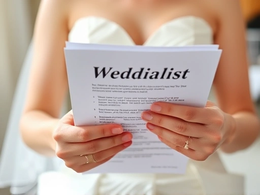 Close-up of a bride's hands holding a wedding planning checklist, with a worried expression.