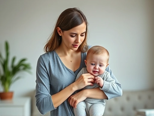 A stressed working mom with a baby, juggling work and childcare, looking overwhelmed.
