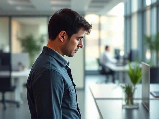 A person feeling isolated and excluded in a modern office environment, symbolizing workplace bullying and isolation.