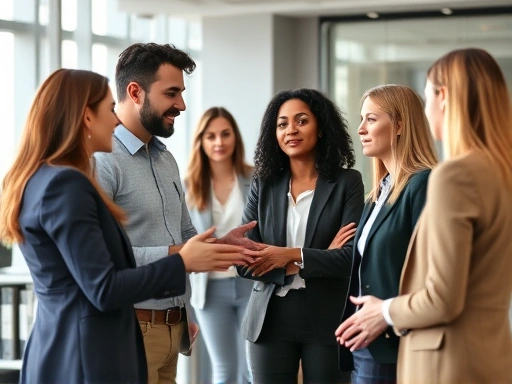 A diverse team of professionals resolving a conflict with open communication and empathy in a modern office setting.