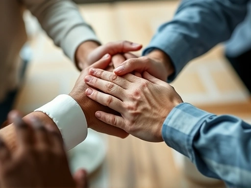 Close-up shot of hands coming together during a conflict resolution meeting, symbolizing unity and collaboration.