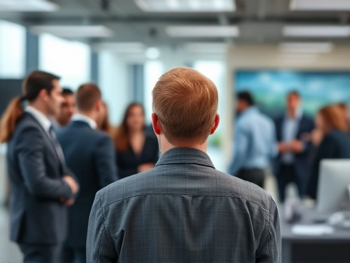 A person feeling isolated at their workplace, looking away from a group of colleagues.
