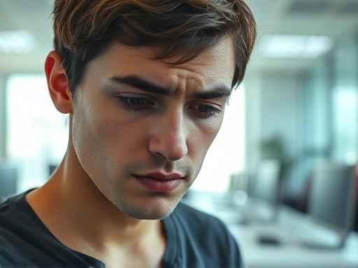 Close-up of a person's face expressing sadness and isolation in a bright office environment.