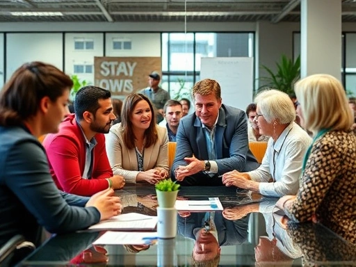 Diverse generations collaborating in a modern office, discussing ideas and sharing experiences to bridge generational gaps.