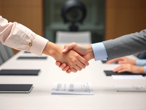 Close-up shot of hands shaking across a conference table, symbolizing intergenerational understanding and cooperation in the workplace.