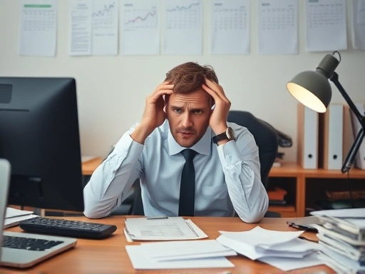 A person sitting at their desk looking stressed after making a mistake at work, with documents scattered around.
