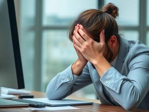 Close-up of a hand covering a stressed person's face at a desk, symbolizing the pressure of workplace mistakes.