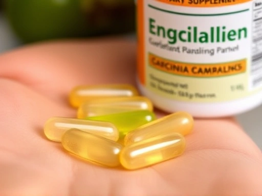 가르시니아 캄보지아 캡슐들이 손바닥 위에 놓여 있고, 그 배경으로 건강 보조 식품 라벨의 일부가 흐릿하게 보이는 클로즈업 사진.