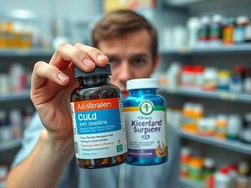 개인의 손이 감기약과 다이어트 보조제를 나란히 들고 있는 클로즈업 사진으로, 배경은 흐릿한 약병과 건강 보조제 병들이 놓여있는 약국 카운터.