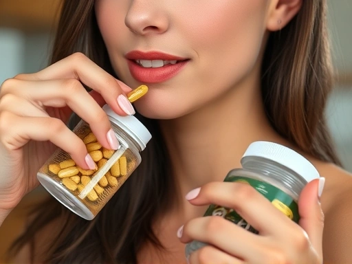 한 여성이 건강한 식단과 운동을 병행하며 다이어트 보조제를 섭취하는 클로즈업된 모습