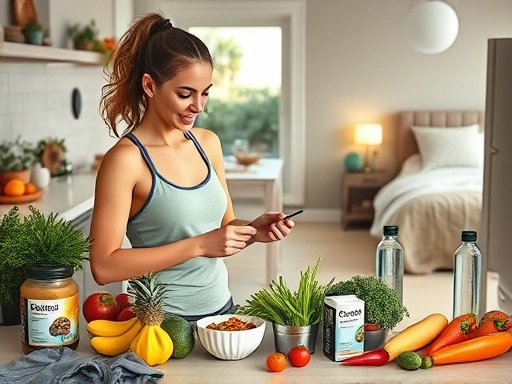 활기찬 여성이 신선한 과일과 채소가 가득한 주방에서 건강한 식사를 준비하고 있고, 옆에는 운동복과 물병이 놓여있으며, 멀리서는 평화로운 침실이 보이는 장면