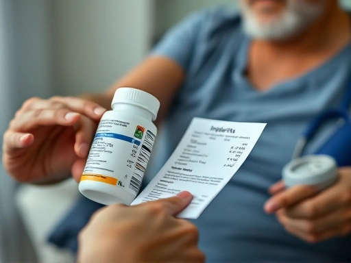 다이어트 보조제 성분표를 꼼꼼히 확인하며 고혈압 환자가 건강을 위해 주의해야 할 점을 강조하는 장면