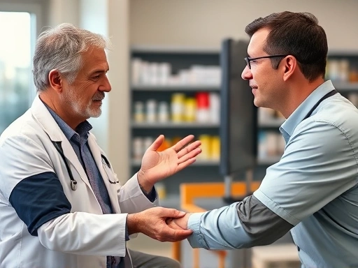 고혈압 환자가 의사나 약사와 상담하며 다이어트 보조제 선택에 대해 논의하는 모습