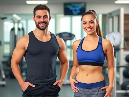헬스장에서 운동복을 입은 남성과 여성이 저울 앞에서 밝은 표정으로 서 있는 장면