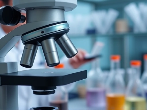 실험실의 현미경 클로즈업 사진으로, 과학자가 연구 자료를 분석하는 모습