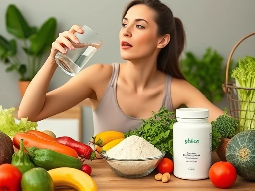 다채로운 채소와 과일이 가득한 건강한 식탁 위에 글루코만난 분말 또는 캡슐이 놓여있고, 한 여성이 물을 마시는 장면