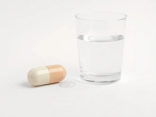 물 한 잔 옆에 글루코만난 캡슐이 놓여있고, 캡슐에서 내용물이 나와 물에 퍼지는 듯한 젤 형태를 미니멀하고 클로즈업하여 보여주는 이미지