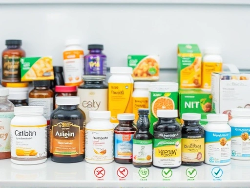 A well-lit, clean display of various diet supplement bottles and packages.