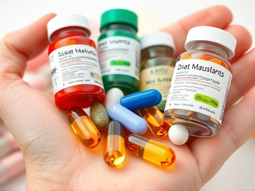 손바닥 위에 놓인 여러 종류의 다이어트 보조제 알약들, 성분 라벨이 명확히 보이는 클로즈업 샷, 안전성과 체지방 감소 보조제 성분 강조