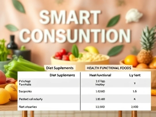 다이어트 보조제와 건강기능식품의 차이점을 시각적으로 비교하는 표와 함께, 현명한 소비를 강조하는 배경 이미지