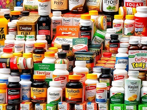 다양한 다이어트 보조제 제품과 그 위에 겹쳐진 과장된 광고 문구들이 현란하게 펼쳐져 있는 장면