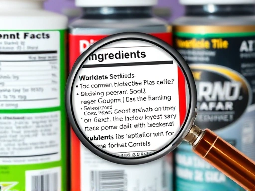 여러 다이어트 보조제 상자의 성분표가 클로즈업되어 있으며, 돋보기가 성분명과 함량을 자세히 비추는 모습