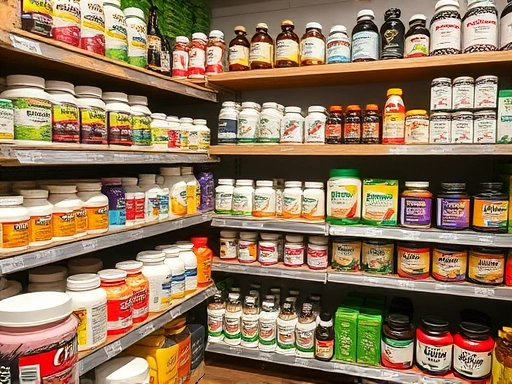 다양한 다이어트 보조제 제품들이 선반에 진열된 모습