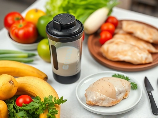 단백질 보충제 쉐이커와 신선한 과일, 채소, 닭가슴살이 담긴 식단이 깔끔하게 정돈된 테이블에 놓여 있는 클로즈업 사진.