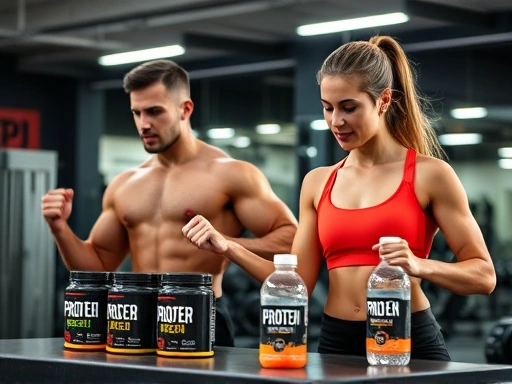 헬스장에서 고강도 근력 운동을 하는 건강한 남녀가 옆에 단백질 보충제와 물병을 두고 운동하는 모습