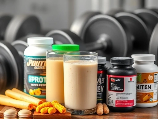 다양한 종류의 다이어트 보조제 병들이 놓여 있고, 그 옆에 아령과 단백질 쉐이크가 클로즈업된 모습