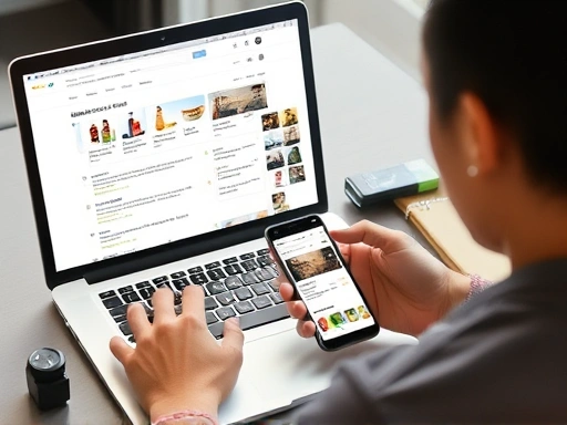 온라인에서 다이어트 보조제 리뷰를 검색하는 사람이 노트북과 스마트폰을 동시에 사용하며 정보를 비교하는 모습