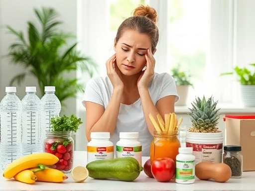 다이어트 보조제와 함께 물병, 채소, 과일이 풍성하게 놓여 있는 식탁 앞에서 변비로 인해 불편해하는 여성이 앉아있는 모습