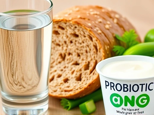 물 한 잔, 식이섬유가 풍부한 통곡물 빵, 푸른 채소, 그리고 프로바이오틱스 요거트가 클로즈업되어 변비 해결을 위한 구체적인 식단 요소를 강조하는 모습