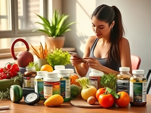 싱그러운 채소와 과일, 운동 도구가 놓인 테이블에 다양한 다이어트 보조제 병들이 놓여 있고, 한 여성이 보조제 정보를 주의 깊게 읽고 있는 장면