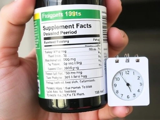 개인의 손이 다이어트 보조제 병을 들고 제품 라벨의 '권장 복용 기간' 부분을 클로즈업하여 보여주는 장면