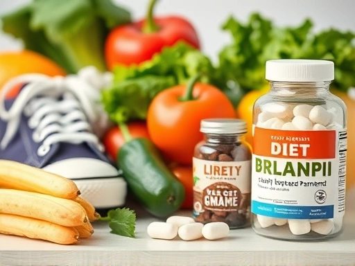 다이어트 보조제 병과 함께 놓인 신선한 채소와 과일, 운동화, 그리고 작은 저울이 클로즈업된 모습