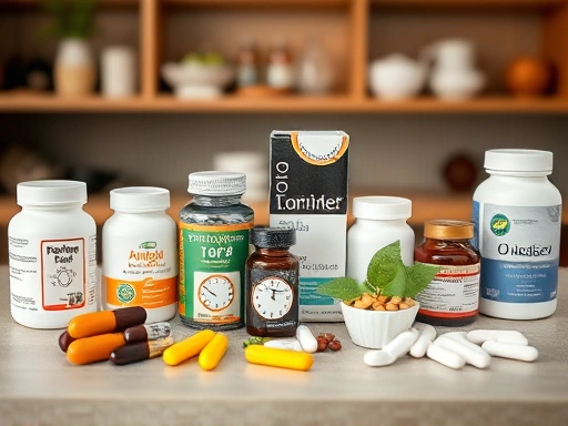 다양한 다이어트 보조제들이 테이블 위에 깔끔하게 정렬되어 있으며, 각 보조제 옆에는 이상적인 복용 시간을 나타내는 시계 아이콘이 놓여 있는 전경 이미지