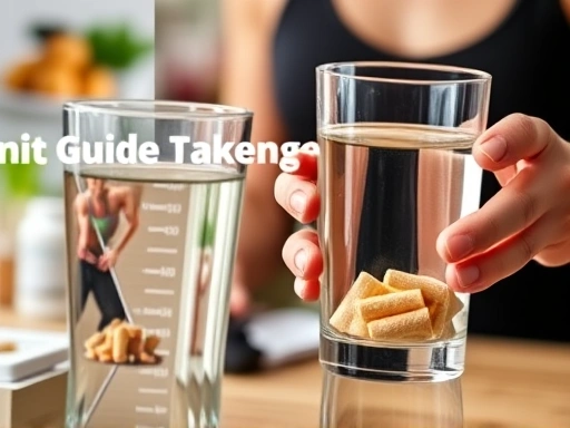 다이어트 보조제 패키지와 물 한 컵이 클로즈업되어 있으며, 손이 보조제 병을 잡고 있는 장면