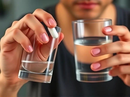 지방 연소 보조제와 같은 다이어트 보조제 알약을 손에 들고 물 한 잔과 함께 복용 준비를 하는 모습