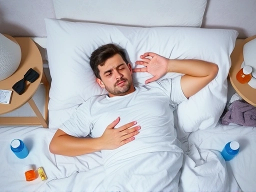 다이어트 보조제 부작용으로 인해 고통받는 사람의 불안하고 걱정스러운 표정, 침대에 누워 복통을 호소하는 장면