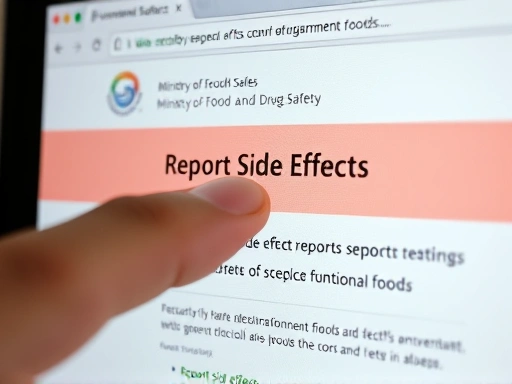 정부 기관 웹사이트의 '부작용 신고' 버튼을 누르려는 손가락의 클로즈업, 컴퓨터 화면에 식품의약품안전처 로고가 선명하게 보이는 장면