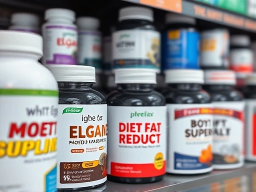다양한 다이어트 보조제 브랜드의 제품들이 진열된 매장 풍경을 클로즈업하여 보여주며, 체지방 감소, 건강한 라이프스타일, 현명한 선택 키워드가 자연스럽게 어우러진 이미지