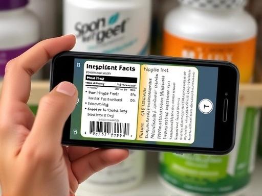 손에 스마트폰을 들고 다이어트 보조제 제품 포장의 바코드를 스캔하며 성분 분석 앱을 사용하는 모습