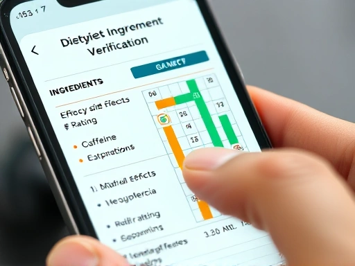 스마트폰 화면에 클로즈업된 다이어트 보조제 성분 검증 앱의 상세 화면.