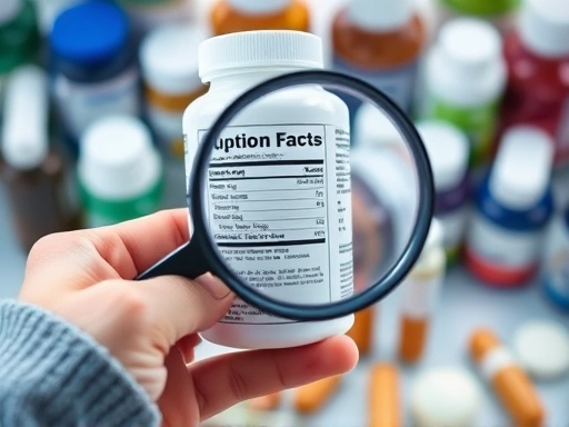 다이어트 보조제 제품 라벨을 자세히 들여다보는 손과 돋보기, 그 뒤로 다양한 보조제 제품들이 흐릿하게 보이는 장면