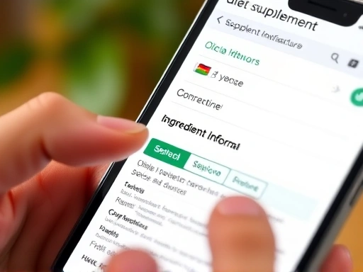 스마트폰으로 다이어트 보조제 제조사 공식 웹사이트를 검색하며 정보를 확인하는 모습