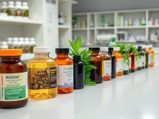 다이어트 보조제 병들이 놓인 깔끔한 연구실 탁자 위에서, 다양한 식물 추출물들이 돋보이며 최신 성분 트렌드를 시각적으로 표현하는 모습