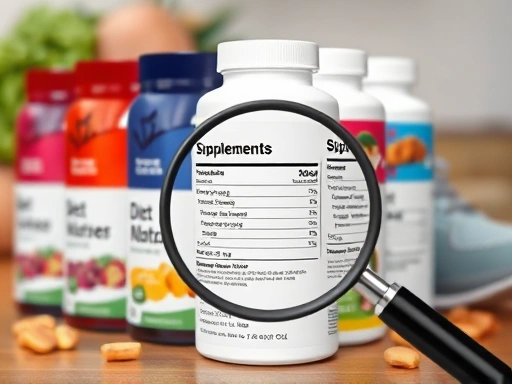 다이어트 보조제 패키지들이 나란히 놓여 있고, 그 앞에 돋보기가 놓여 라벨의 성분 함량을 확대해서 보여주는 장면