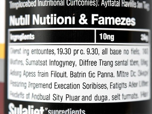 다이어트 보조제 라벨의 '영양·기능 정보' 또는 '원료명 및 함량' 섹션에 초점을 맞춰 글자와 숫자들이 명확하게 보이는 클로즈업 이미지